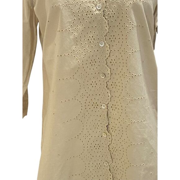 06 Paperwhite Women Collared Long Sleeve Lace Edge Tan Button Down Tunic Blouse - Picture 3 of 10